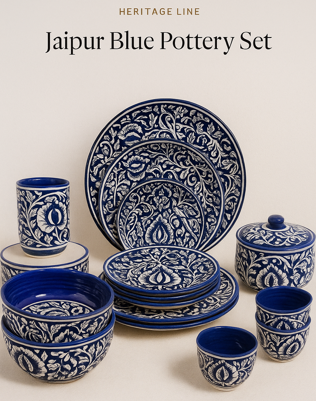 Jaipur Blue Pottery Set with intricate designs on a white background