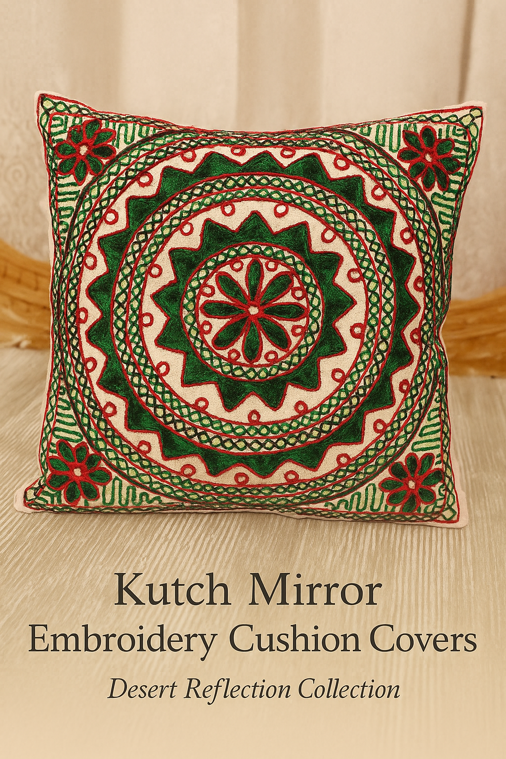 Decorative cushion cover with intricate Kutch mirror embroidery design on a neutral background