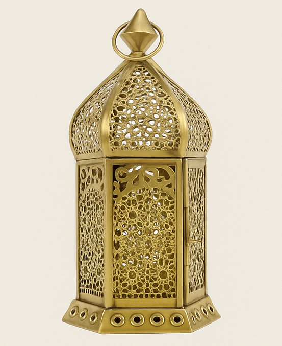 Flower Glow Brass Lantern with price and craftsmanship details on a light beige background